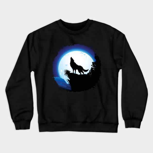 Wolf Howling at Blue Moon Crewneck Sweatshirt by BluedarkArt